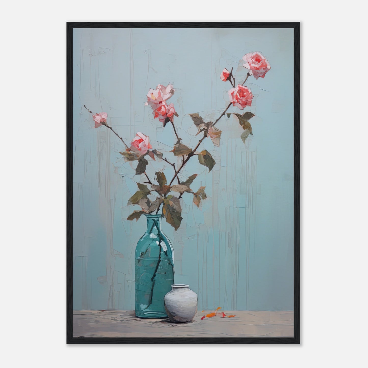 Pink Roses Blue I - Wooden Framed Print