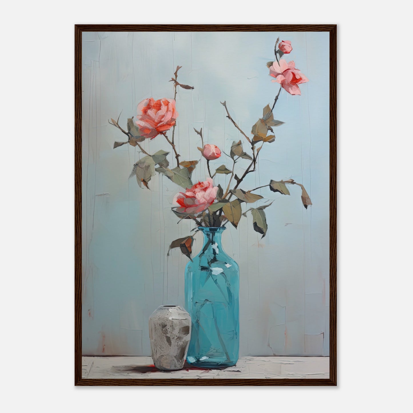Pink Roses Blue II - Wooden Framed Print