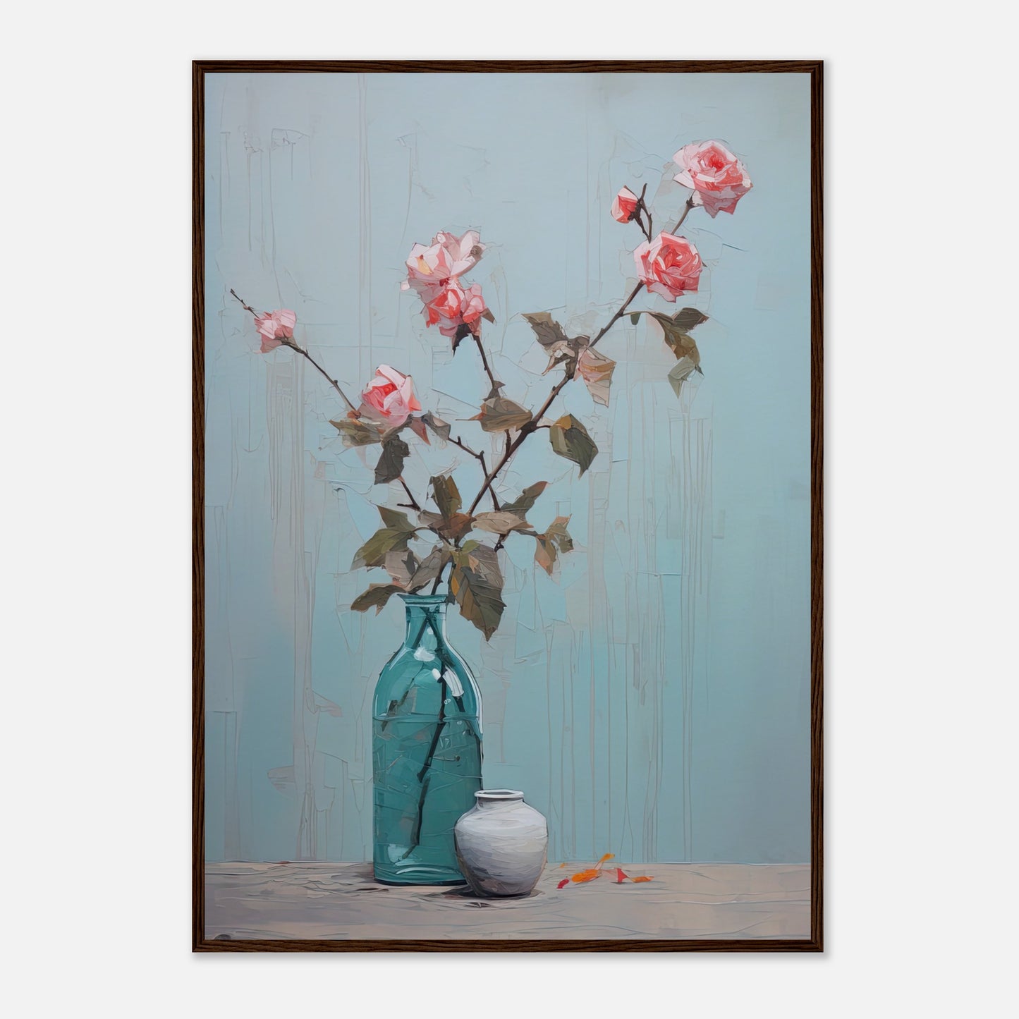 Pink Roses Blue I - Wooden Framed Print