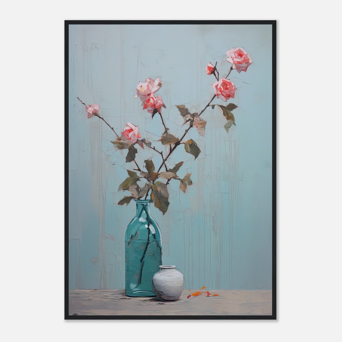 Pink Roses Blue I - Wooden Framed Print