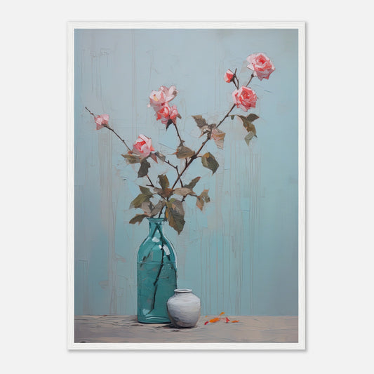 Pink Roses Blue I - Wooden Framed Print