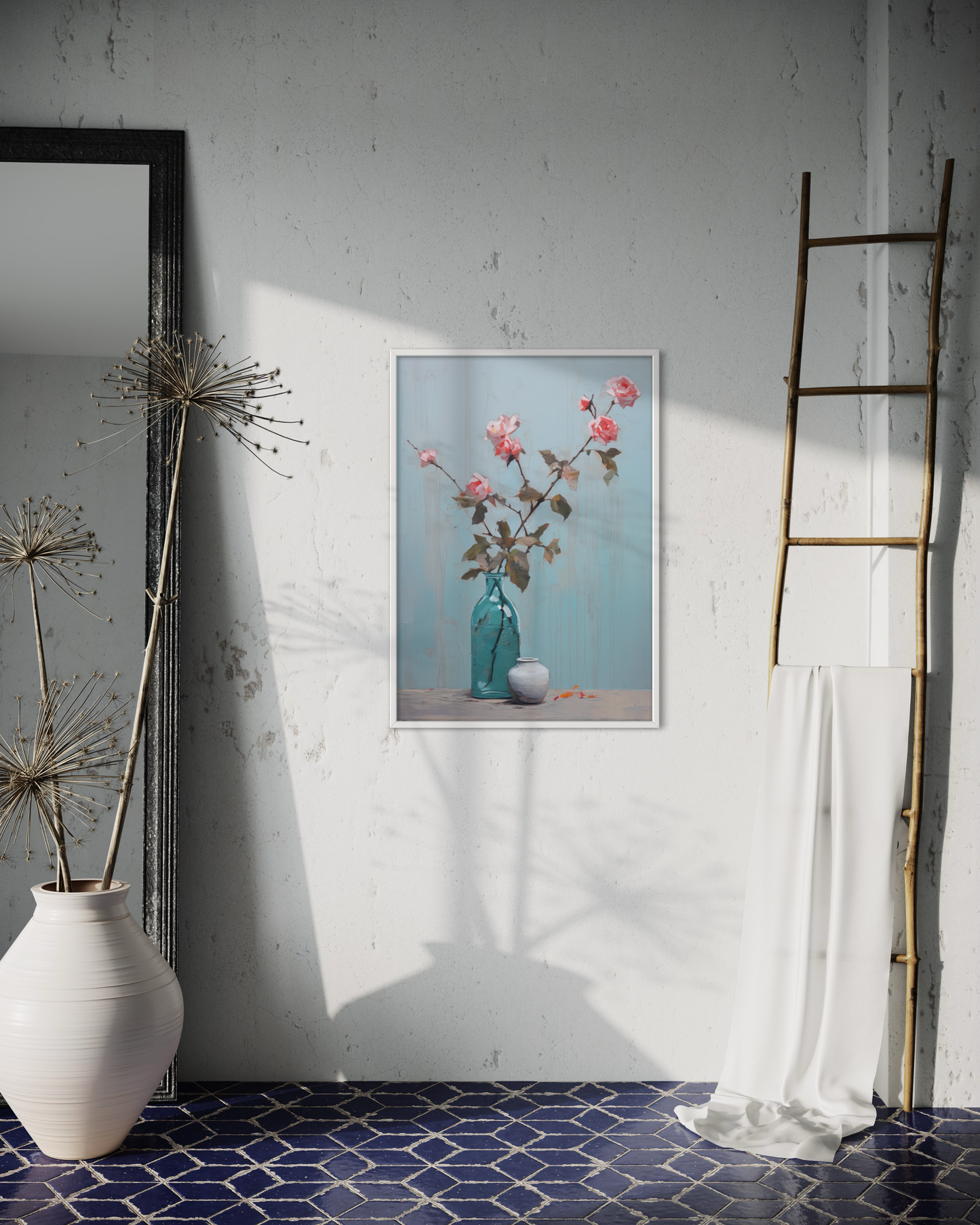 Pink Roses Blue I - Wooden Framed Print