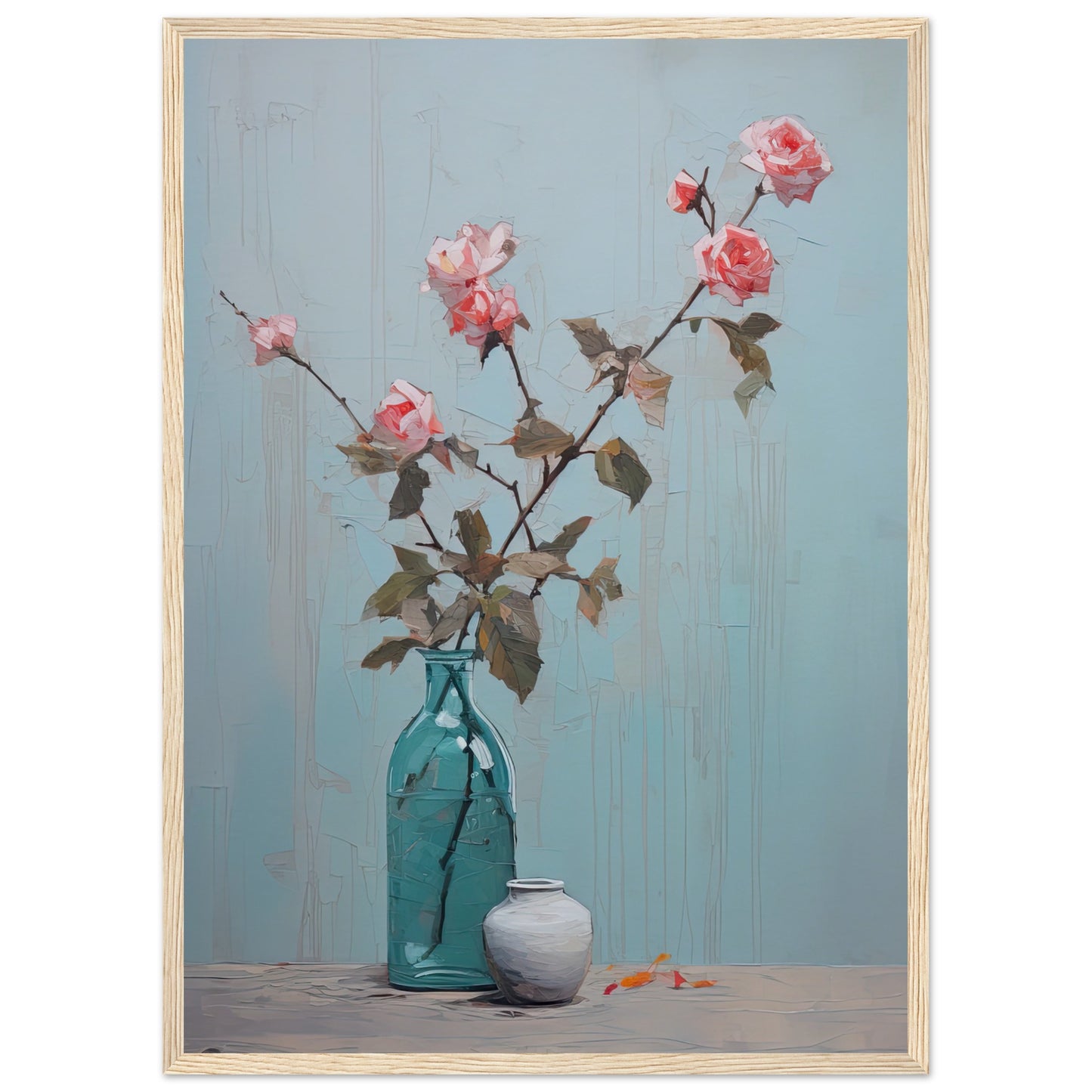 Pink Roses Blue I - Wooden Framed Print