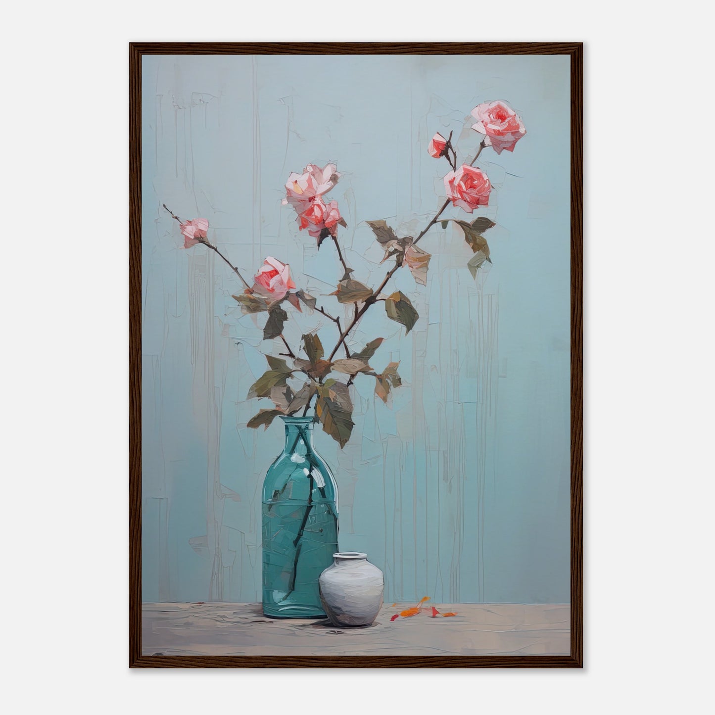 Pink Roses Blue I - Wooden Framed Print
