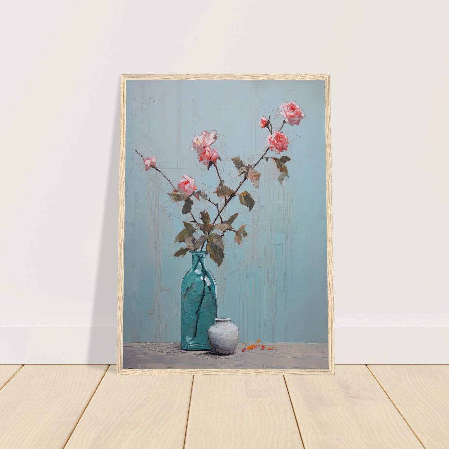 Pink Roses Blue I - Wooden Framed Print