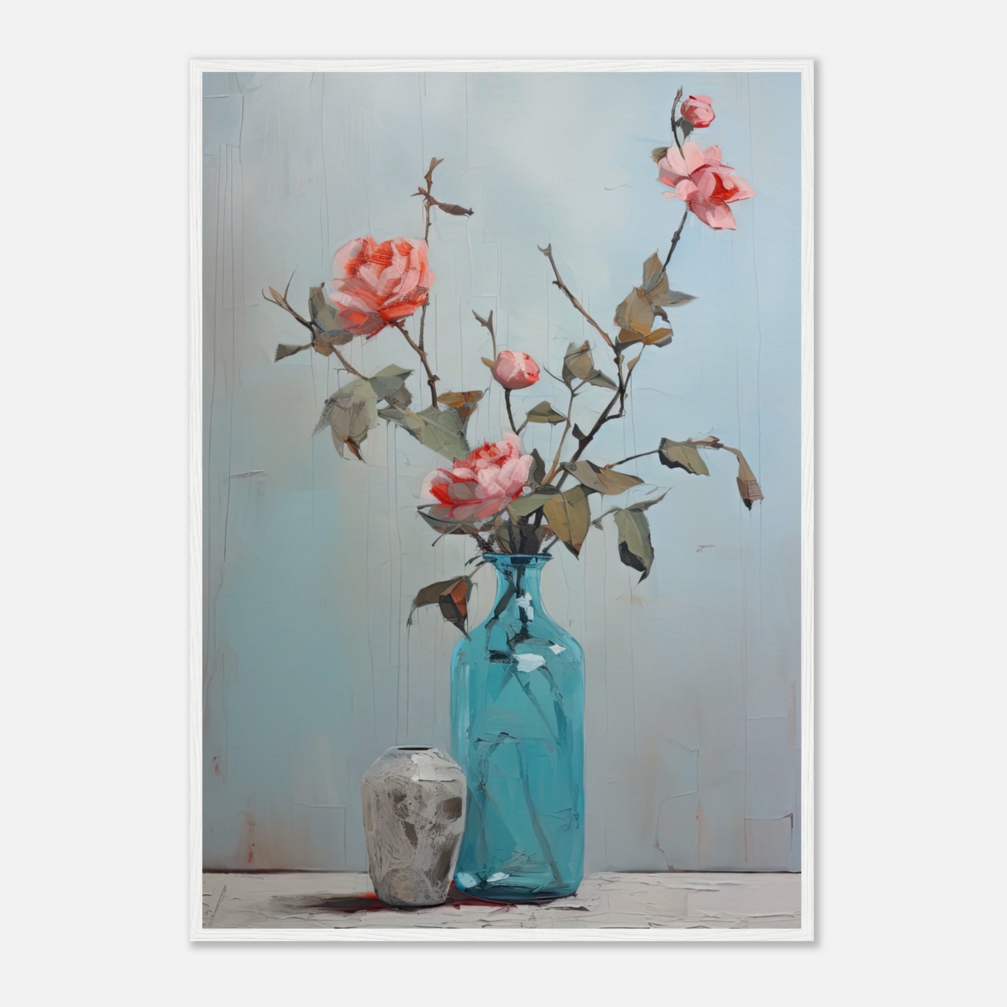 Pink Roses Blue II - Wooden Framed Print