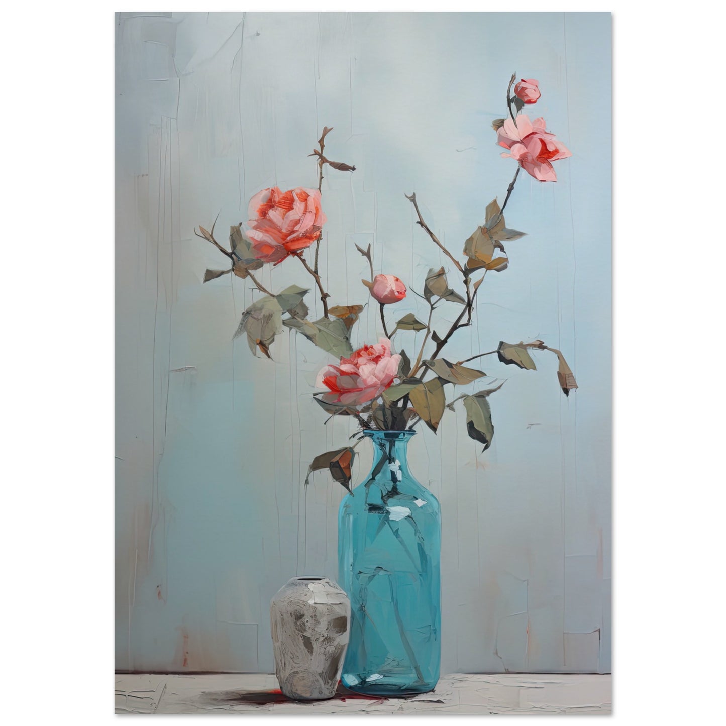 Pink Roses Blue II - Unframed Print