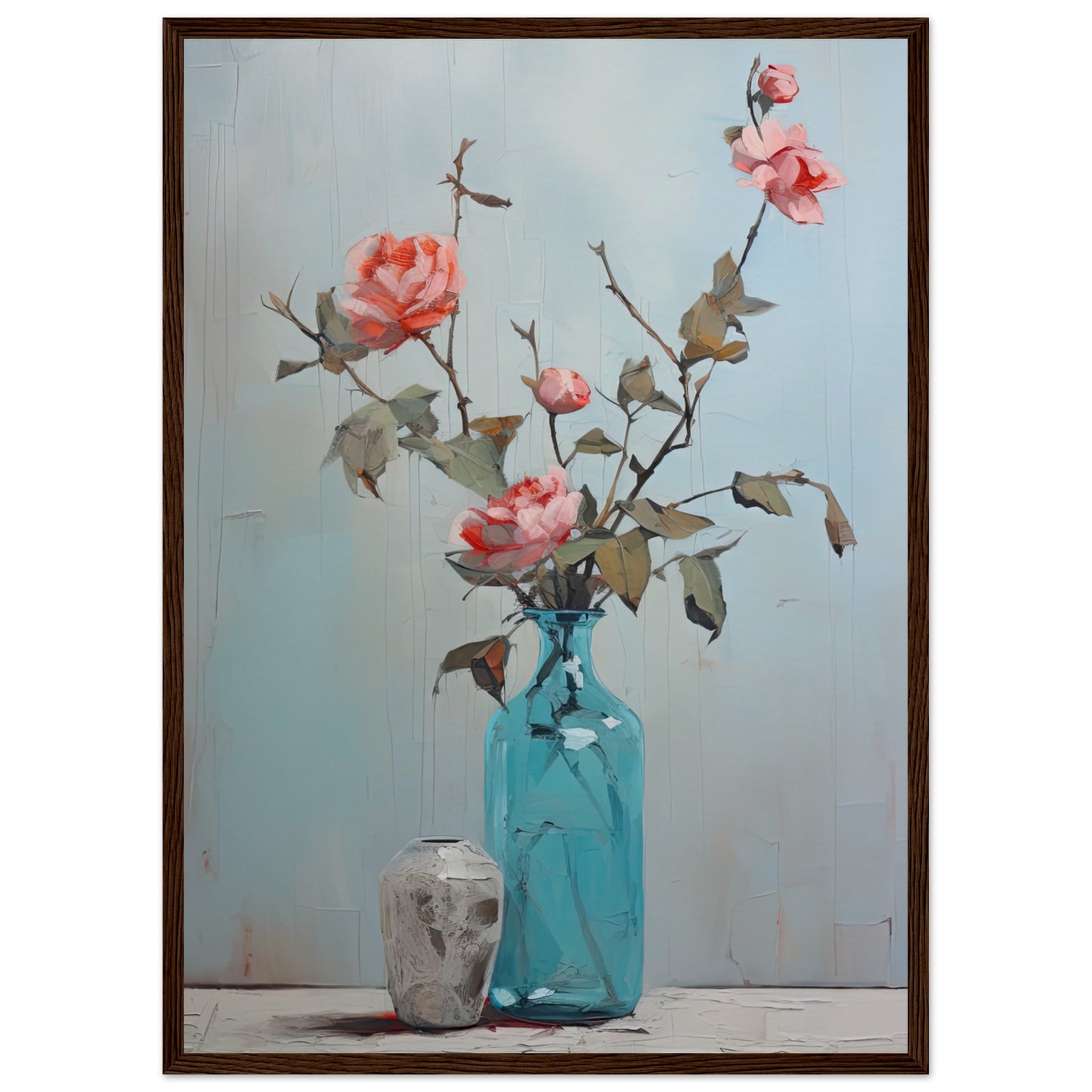Pink Roses Blue II - Wooden Framed Print