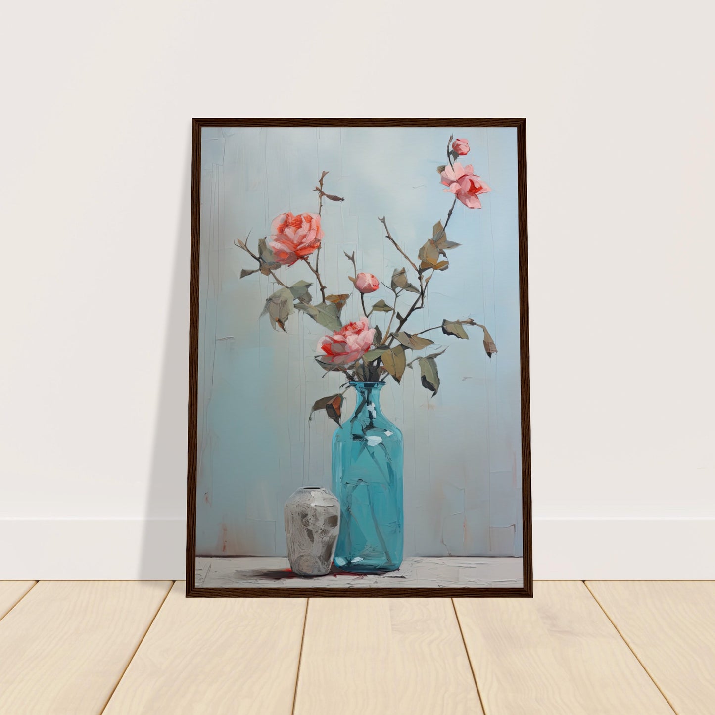 Pink Roses Blue II - Wooden Framed Print