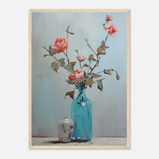 Pink Roses Blue II - Wooden Framed Print